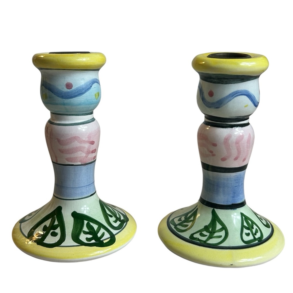 World Bazaar Candle Sticks Ceramic 5” Colorful Leaves Whimsical Spring Summer